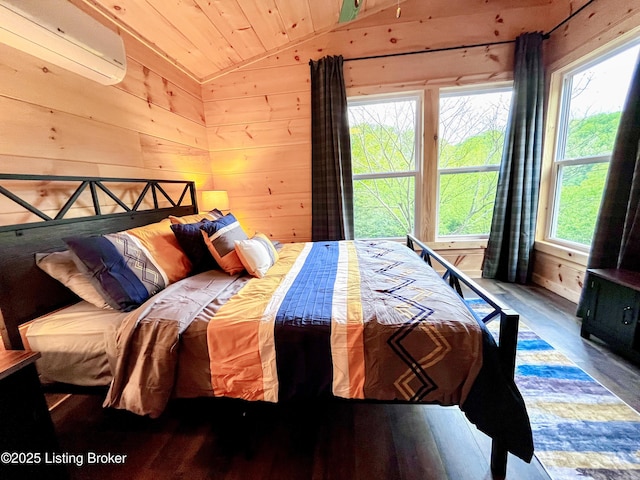 LOT3 Twin Arch Rd, Stanton, KY 40380 - bedroom with an AC wall unit, lofted ceiling, wooden walls, wood finished floors, and wooden ceiling