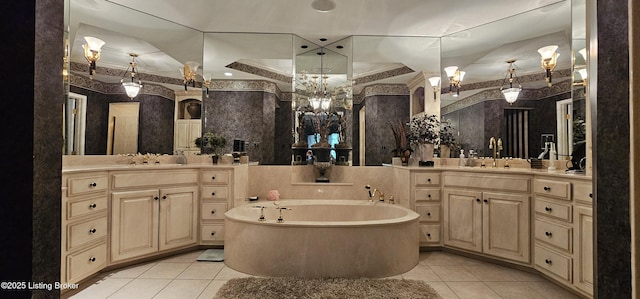6714 John Hancock Pl, Louisville, KY 40059 - full bath with a chandelier, tile patterned flooring, wallpapered walls, a soaking tub, and vanity