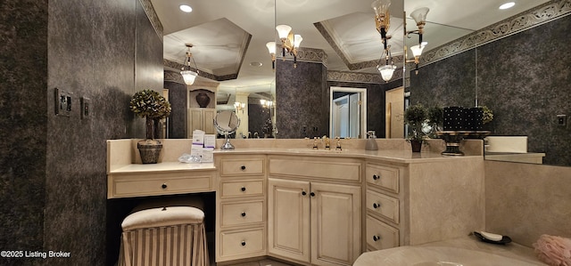 6714 John Hancock Pl, Louisville, KY 40059 - bathroom with a garden tub, vanity, a chandelier, recessed lighting, and wallpapered walls
