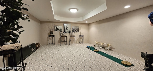 6714 John Hancock Pl, Louisville, KY 40059 - workout area featuring carpet flooring, recessed lighting, and a tray ceiling