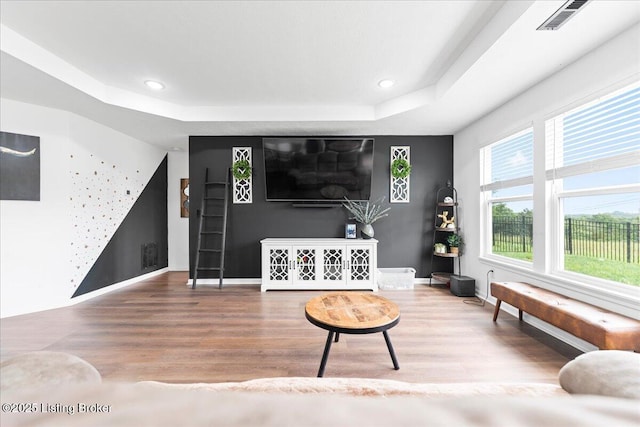119 Wildflower Ave, Mt Washington, KY 40047 - living area featuring a raised ceiling, wood finished floors, baseboards, and recessed lighting