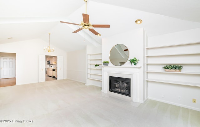 1508 Forest Park Rd, Louisville, KY 40223 - unfurnished living room featuring lofted ceiling, carpet flooring, a fireplace, a chandelier, and ceiling fan