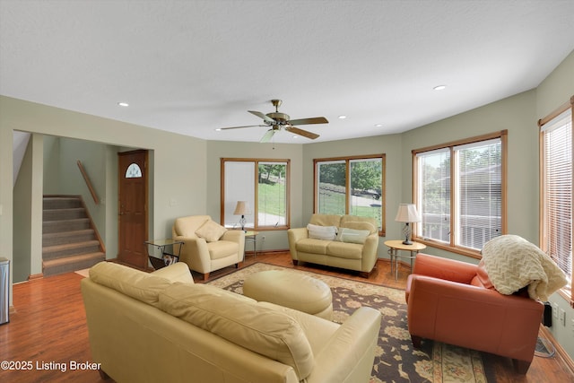 763 Lochober Rd, Leitchfield, KY 42754 - living room featuring wood finished floors, stairway, recessed lighting, a ceiling fan, and baseboards