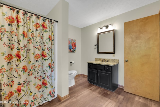 763 Lochober Rd, Leitchfield, KY 42754 - bathroom featuring wood finished floors, vanity, toilet, a textured ceiling, and baseboards