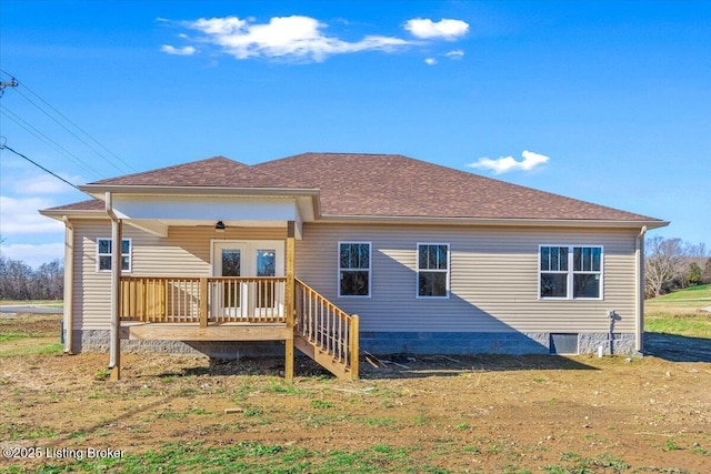 102 Kidd Ct, Lebanon Junction, KY 40150 - rear view of house with a shingled roof, crawl space, covered porch, and french doors