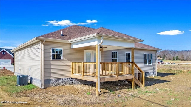 102 Kidd Ct, Lebanon Junction, KY 40150 - back of property with crawl space, ceiling fan, central air condition unit, a wooden deck, and roof with shingles