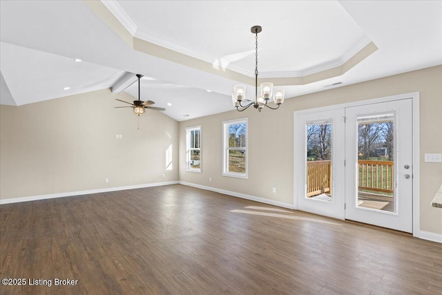 102 Kidd Ct, Lebanon Junction, KY 40150 - spare room with crown molding, wood finished floors, a chandelier, ceiling fan, and baseboards