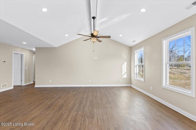 102 Kidd Ct, Lebanon Junction, KY 40150 - empty room featuring vaulted ceiling, ceiling fan, baseboards, dark wood-type flooring, and recessed lighting