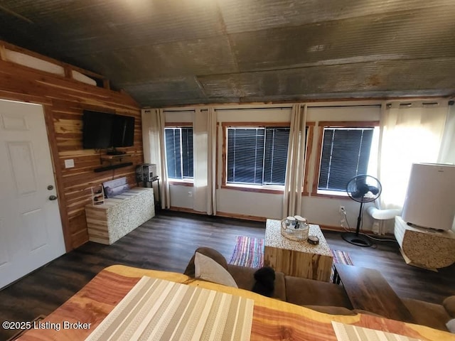 41 Hidden Valley Ln Unit B, Hudson, KY 40145 - living room featuring vaulted ceiling, dark wood-style floors, wood walls, and wood ceiling