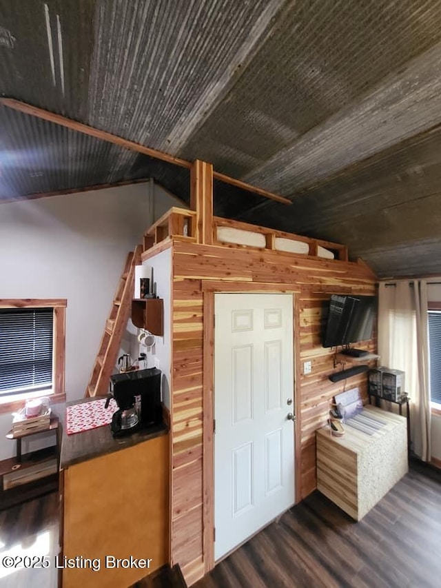 41 Hidden Valley Ln Unit B, Hudson, KY 40145 - kitchen featuring dark wood finished floors, wood ceiling, vaulted ceiling, and wooden walls