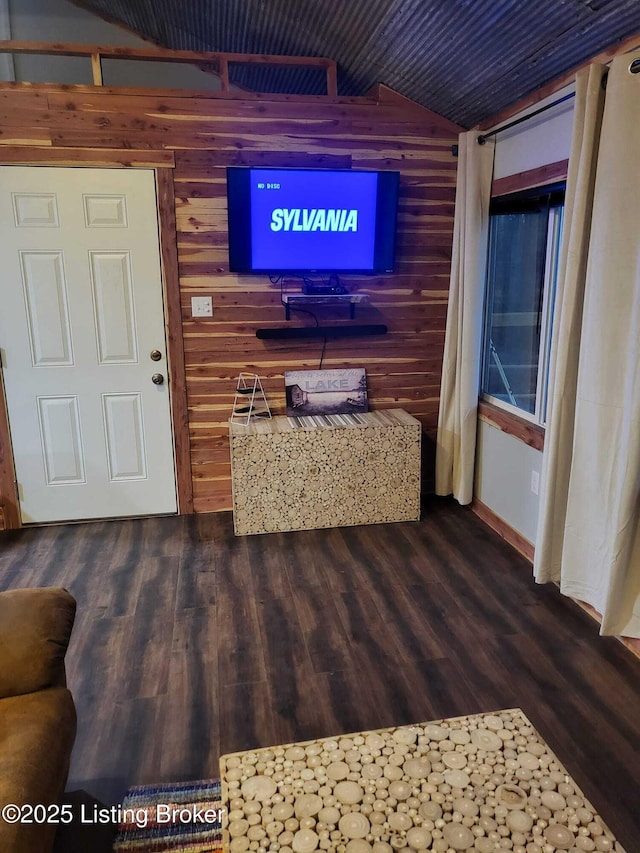41 Hidden Valley Ln Unit B, Hudson, KY 40145 - living room featuring wood walls, lofted ceiling, and wood finished floors