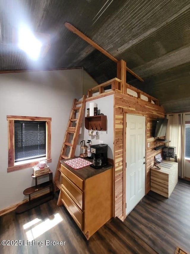 41 Hidden Valley Ln Unit B, Hudson, KY 40145 - kitchen featuring dark wood-style floors, lofted ceiling, wooden ceiling, and wooden walls