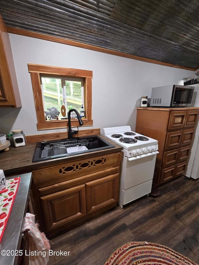 41 Hidden Valley Ln Unit B, Hudson, KY 40145 - kitchen featuring white electric range, a sink, dark wood finished floors, crown molding, and dark countertops
