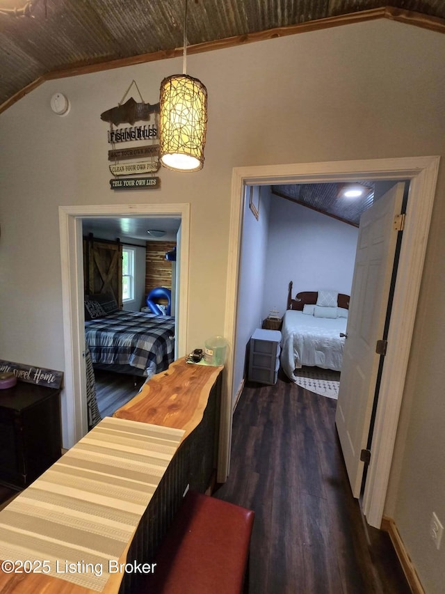 41 Hidden Valley Ln Unit B, Hudson, KY 40145 - corridor featuring lofted ceiling, dark wood-type flooring, wood ceiling, baseboards, and crown molding