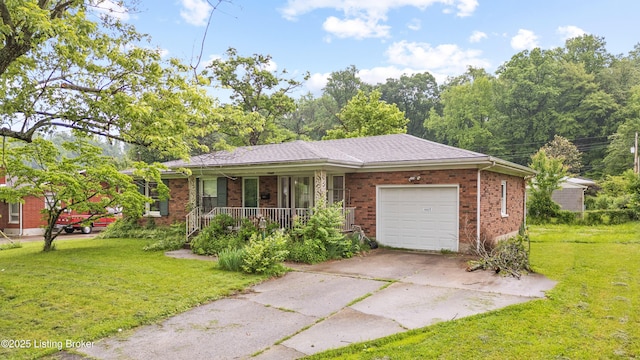 6615 Morocco Dr, Louisville, KY 40214 - ranch-style house with covered porch, an attached garage, a front lawn, brick siding, and driveway