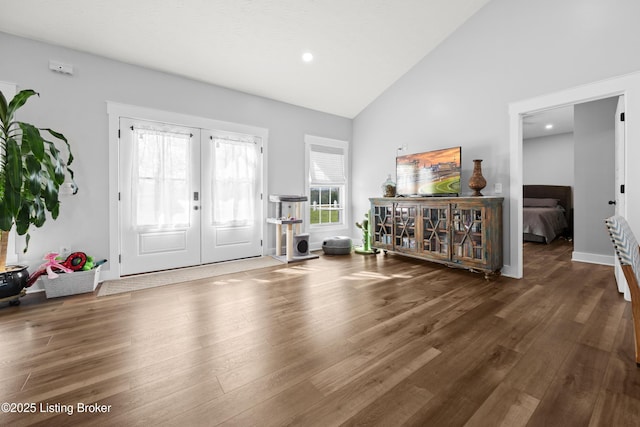 37 Lazy J Ln, Brandenburg, KY 40108 - foyer with wood finished floors, high vaulted ceiling, french doors, recessed lighting, and baseboards