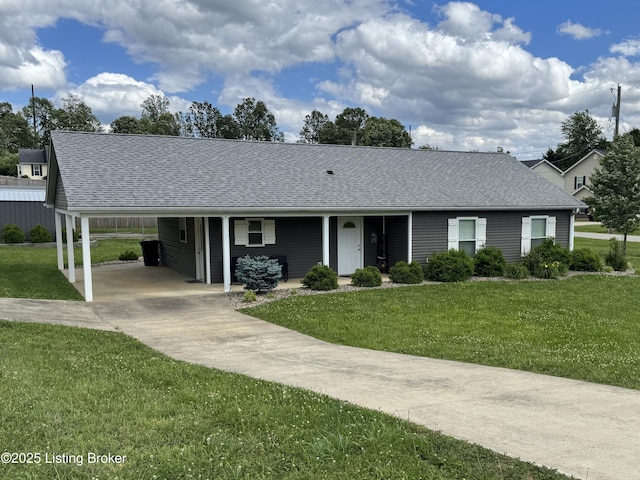106 Hunter Ln, Brandenburg, KY 40108 - ranch-style house with a front lawn, roof with shingles, a carport, and driveway