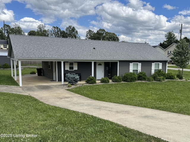 106 Hunter Ln, Brandenburg, KY 40108 - ranch-style home featuring a shingled roof, a front lawn, a carport, and driveway