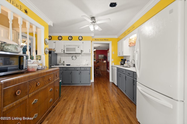 13429 Anneta Rd, Leitchfield, KY 42754 - kitchen featuring white appliances, a ceiling fan, gray cabinets, a sink, and white cabinets