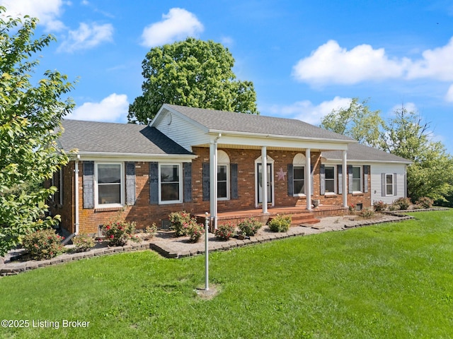 13429 Anneta Rd, Leitchfield, KY 42754 - ranch-style home featuring covered porch, brick siding, a front lawn, and roof with shingles