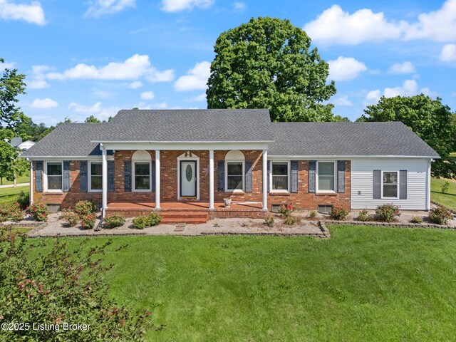 13429 Anneta Rd, Leitchfield, KY 42754 - ranch-style home with a porch, a front yard, brick siding, and a shingled roof