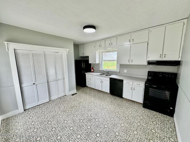3743 Lincoln Park Rd, Springfield, KY 40069 - kitchen featuring black appliances, under cabinet range hood, light countertops, white cabinetry, and a sink