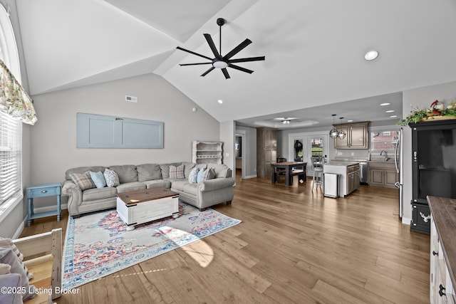 213 Elegance Way, Elizabethtown, KY 42701 - living area with a ceiling fan, recessed lighting, light wood-style flooring, and high vaulted ceiling