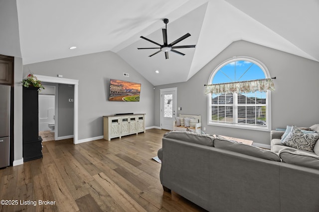 213 Elegance Way, Elizabethtown, KY 42701 - living area featuring a ceiling fan, wood finished floors, lofted ceiling, baseboards, and recessed lighting