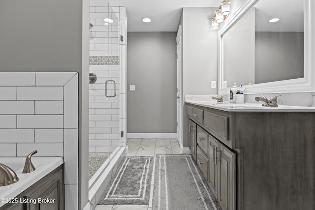 213 Elegance Way, Elizabethtown, KY 42701 - full bath with marble finish flooring, double vanity, a shower stall, baseboards, and recessed lighting