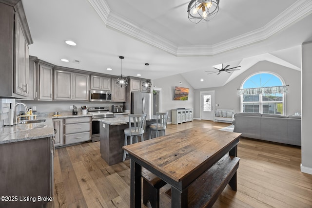 213 Elegance Way, Elizabethtown, KY 42701 - dining room featuring recessed lighting, ornamental molding, lofted ceiling, wood-type flooring, and a raised ceiling