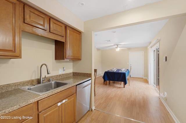 7917 Edsel Ln, Louisville, KY 40291 - kitchen with dishwasher, a sink, light wood-type flooring, a ceiling fan, and brown cabinetry