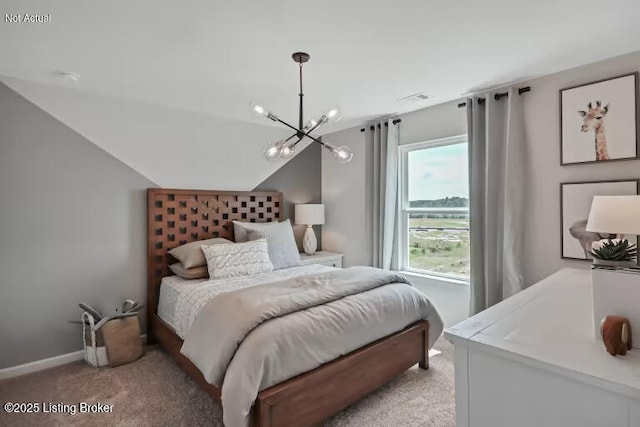 6512 Fair Ridge Ln, Louisville, KY 40291 - bedroom featuring light colored carpet, a chandelier, vaulted ceiling, and baseboards