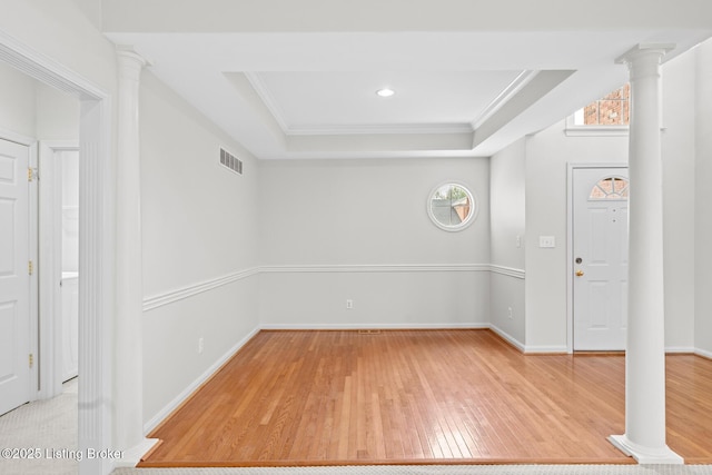 10121 Cave Creek Rd, Louisville, KY 40223 - spare room with hardwood / wood-style flooring, decorative columns, a tray ceiling, ornamental molding, and baseboards