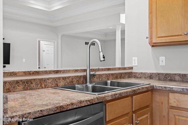 10121 Cave Creek Rd, Louisville, KY 40223 - kitchen featuring a sink, stainless steel dishwasher, light brown cabinets, decorative columns, and crown molding