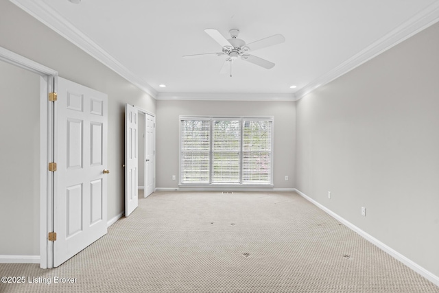 10121 Cave Creek Rd, Louisville, KY 40223 - unfurnished room featuring light colored carpet, baseboards, a ceiling fan, ornamental molding, and recessed lighting