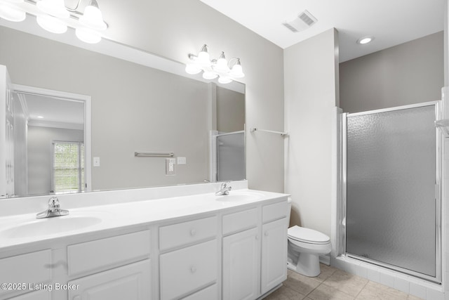 10121 Cave Creek Rd, Louisville, KY 40223 - full bathroom featuring toilet, double vanity, a shower stall, and tile patterned floors