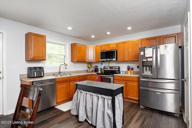 254 Persell Rd, Bedford, KY 40006 - kitchen with stainless steel appliances, a sink, dark wood-style floors, recessed lighting, and light countertops