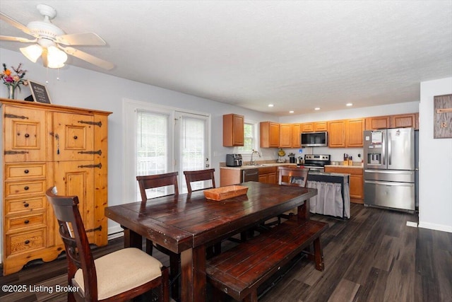 254 Persell Rd, Bedford, KY 40006 - dining area with dark wood-type flooring, recessed lighting, a ceiling fan, and baseboards