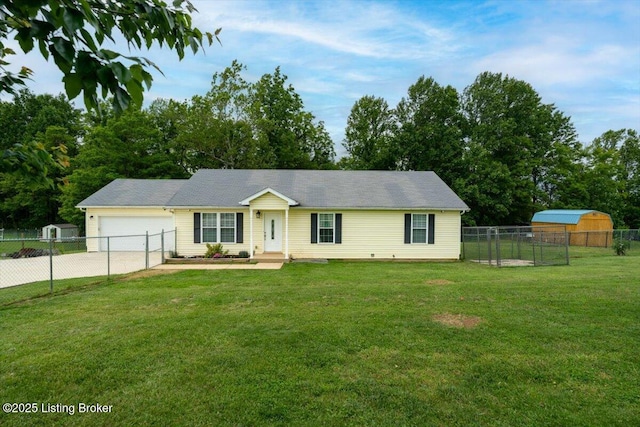 254 Persell Rd, Bedford, KY 40006 - ranch-style house with driveway, a garage, and view of wooded area