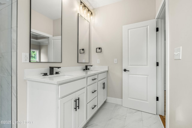 5311 Lee Ave, Crestwood, KY 40014 - full bathroom with marble look tile flooring, double vanity, and baseboards