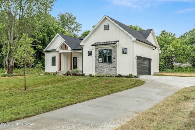 5311 Lee Ave, Crestwood, KY 40014 - modern farmhouse featuring concrete driveway, a standing seam roof, board and batten siding, and a front lawn