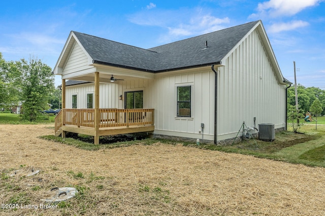 5311 Lee Ave, Crestwood, KY 40014 - back of property with a wooden deck, a shingled roof, a ceiling fan, and board and batten siding