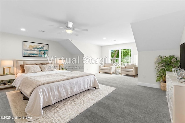 6702 Shirley Ave, Louisville, KY 40059 - bedroom featuring carpet, a ceiling fan, baseboards, recessed lighting, and lofted ceiling