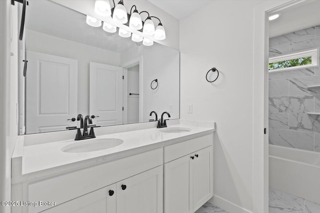 6702 Shirley Ave, Louisville, KY 40059 - full bathroom featuring marble finish floors, double vanity, baseboards, and bathing tub / shower combination