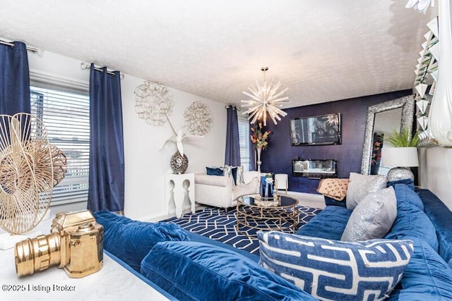 9505 River Trail Dr, Louisville, KY 40229 - carpeted living area with a chandelier and baseboards