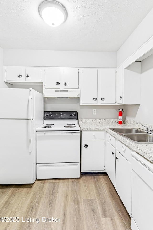 3401 Lesway Ct, Louisville, KY 40220 - kitchen with white appliances, under cabinet range hood, a sink, white cabinets, and a textured ceiling