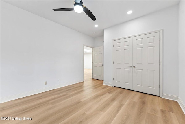 3447 Hurstbourne Ridge Blvd, Louisville, KY 40299 - unfurnished bedroom featuring light wood-style floors, baseboards, recessed lighting, ceiling fan, and a closet