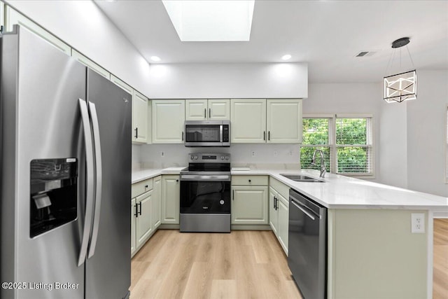 3447 Hurstbourne Ridge Blvd, Louisville, KY 40299 - kitchen featuring appliances with stainless steel finishes, a peninsula, a sink, light wood finished floors, and hanging light fixtures