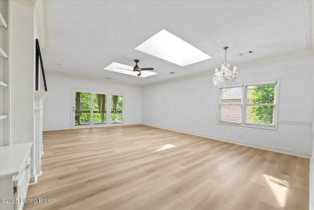 3447 Hurstbourne Ridge Blvd, Louisville, KY 40299 - unfurnished living room with a skylight, light wood finished floors, a chandelier, crown molding, and baseboards