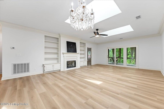 3447 Hurstbourne Ridge Blvd, Louisville, KY 40299 - unfurnished living room with a skylight, a ceiling fan, a chandelier, a glass covered fireplace, and light wood-style flooring